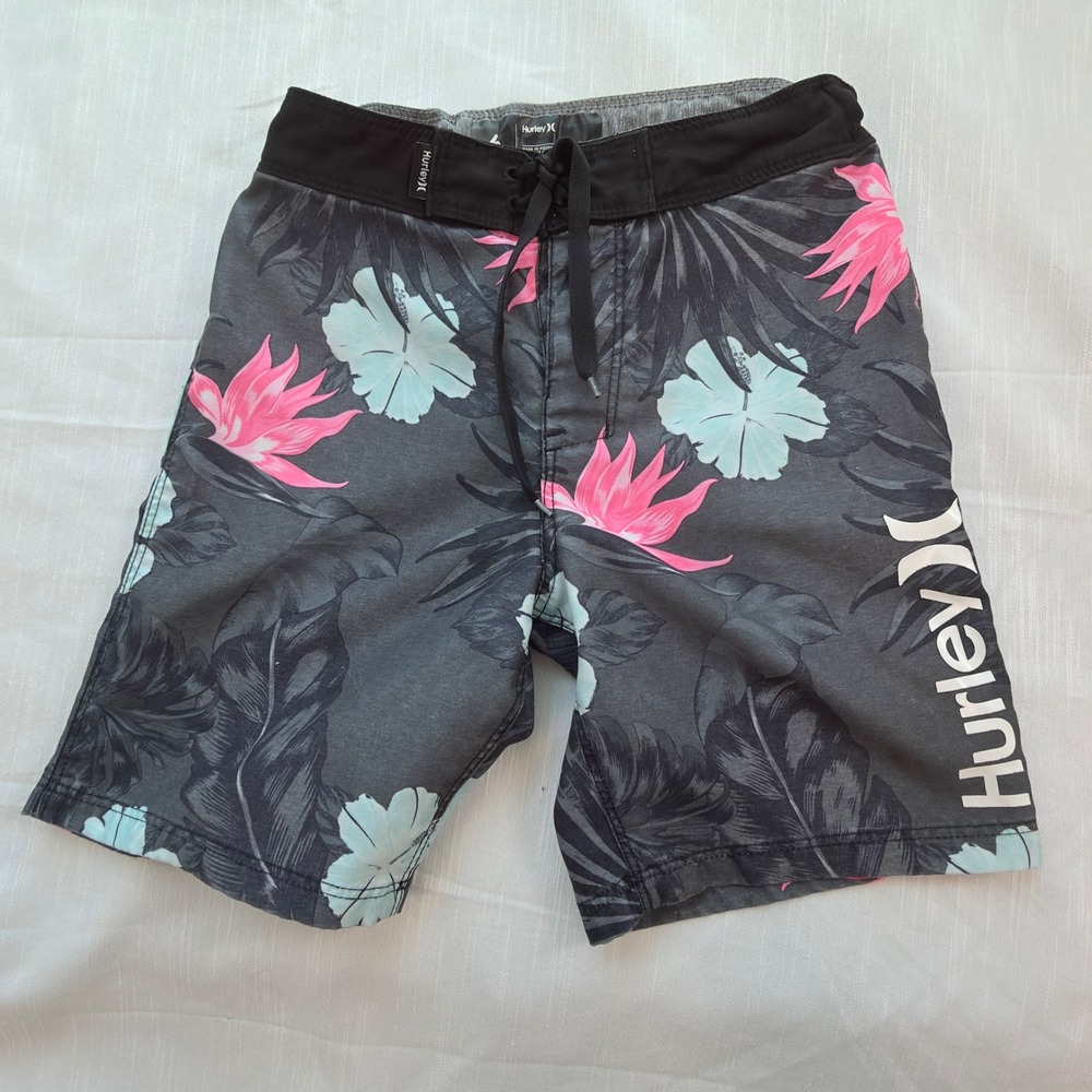 Hurley Board Shorts Kids Size 6 Grey Excellent Tropical Floral Swim Trunks